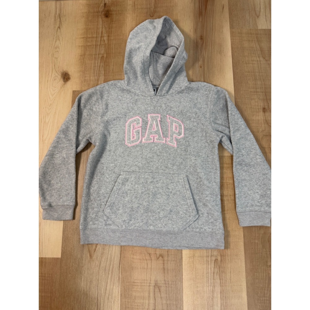 Gap Kids Fleece Hoodie Gray Pink Embroidered Logo Pullover Sweatshirt Size L 10